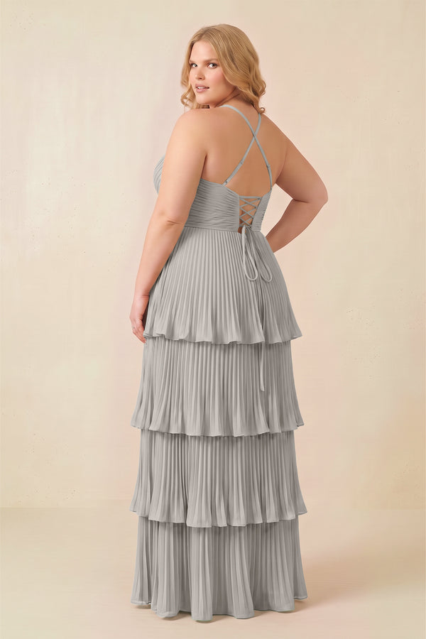 Silver Tiered Pleated V-Neck A-Line Chiffon Bridesmaid Dress (4) [sizeplus] | KISSBRIDAL