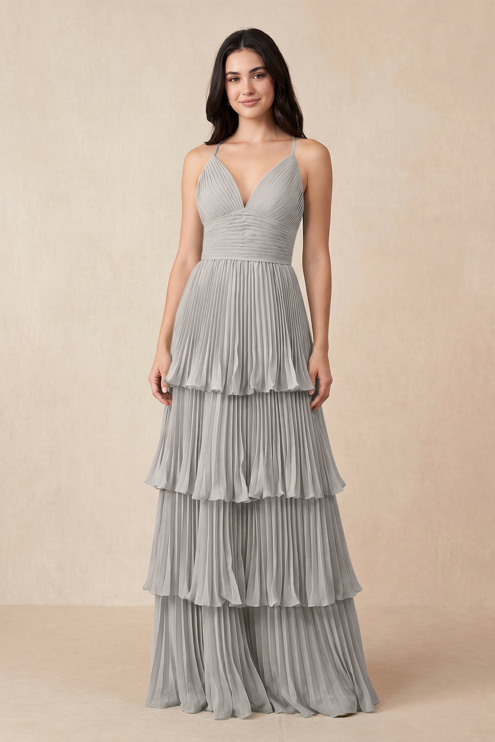 Tiered Pleated V-Neck A-Line Chiffon Bridesmaid Dress in Silver