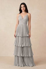 Tiered Pleated V - Neck A - Line Chiffon Bridesmaid Dress in Sliver - KISS BRIDAL Bridesmaid Dresses