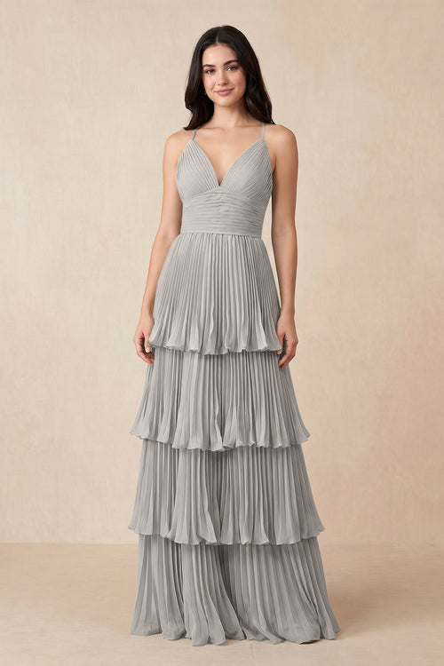 Tiered Pleated V - Neck A - Line Chiffon Bridesmaid Dress in Sliver - KISS BRIDAL Bridesmaid Dresses