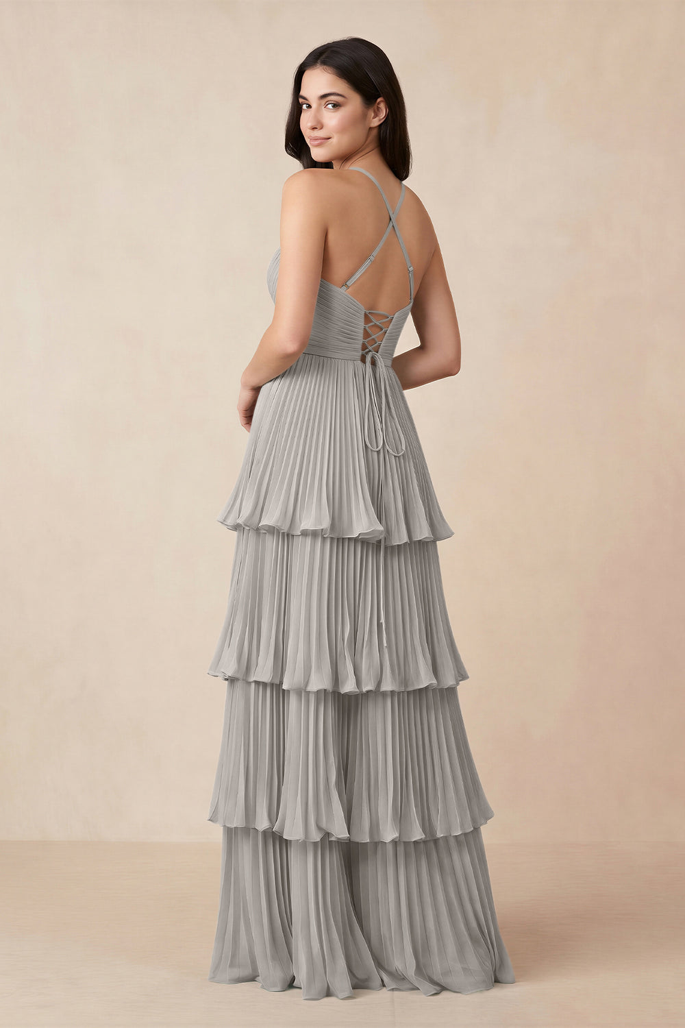 Tiered Pleated V-Neck A-Line Chiffon Bridesmaid Dress in Silver