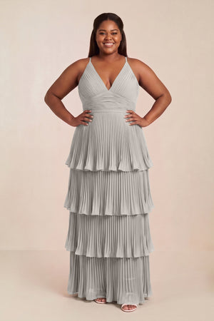 Silver Tiered Pleated V-Neck A-Line Chiffon Bridesmaid Dress [sizeplus] | KISSBRIDAL