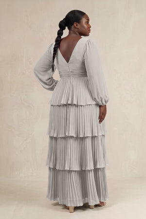 Silver V-Neck Tiered A-Line Long Sleeve Bridesmaid Dress (2) [sizeplus] | KISSBRIDAL