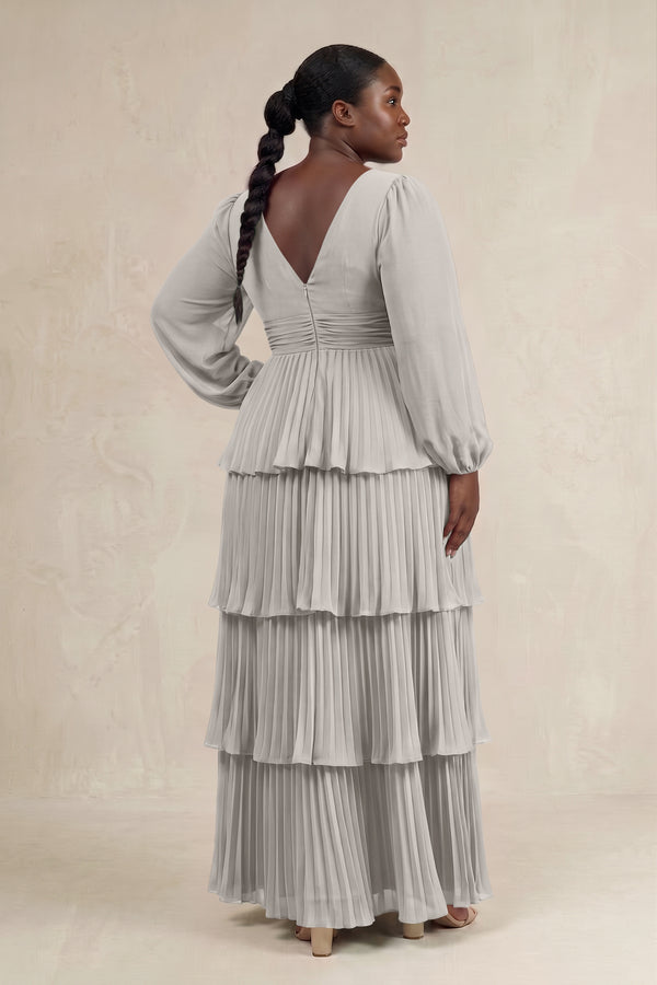 Silver V-Neck Tiered A-Line Long Sleeve Bridesmaid Dress (2) [sizeplus] | KISSBRIDAL