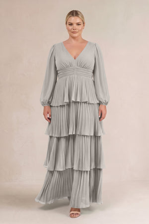 Silver V-Neck Tiered A-Line Long Sleeve Bridesmaid Dress (3) [sizeplus] | KISSBRIDAL