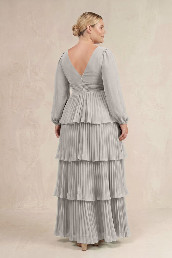 Silver V-Neck Tiered A-Line Long Sleeve Bridesmaid Dress (4) [sizeplus] | KISSBRIDAL