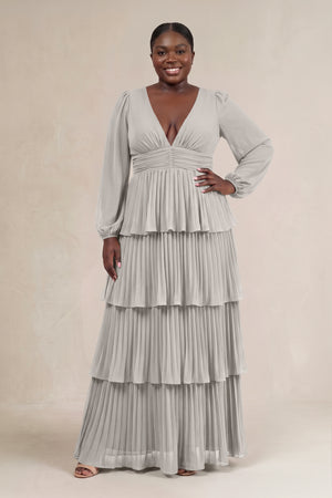 Silver V-Neck Tiered A-Line Long Sleeve Bridesmaid Dress [sizeplus] | KISSBRIDAL