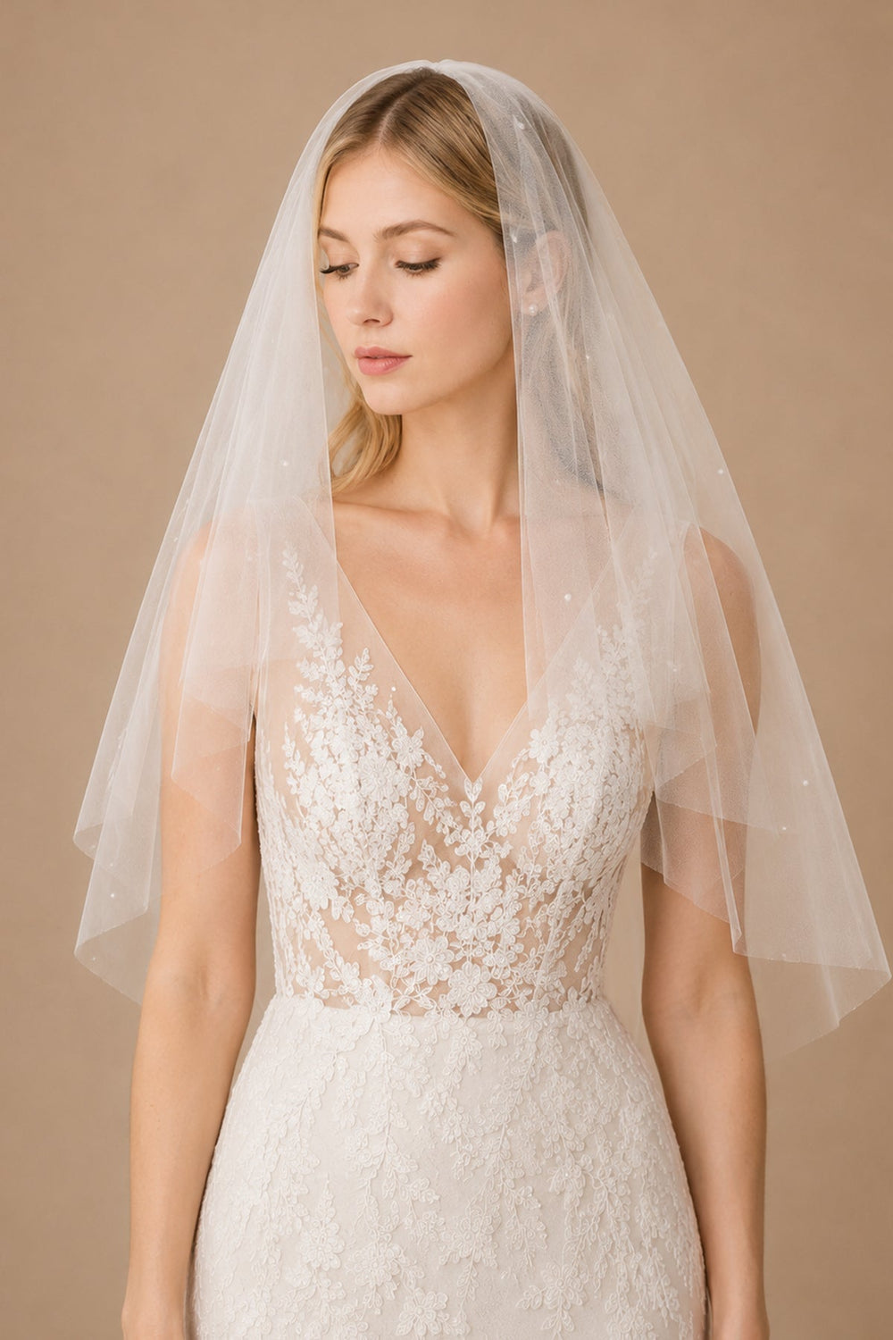 Simple Pearls Tulle Wedding Veil Waist Length in Ivory - SHE IS ME Wedding Veils