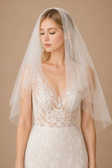 Simple Pearls Tulle Wedding Veil Waist Length in Ivory - KISS BRIDAL Wedding Veils