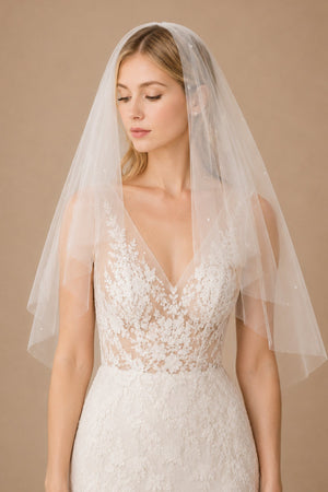 Simple Pearls Tulle Wedding Veil Waist Length in Ivory - SHE IS ME Wedding Veils