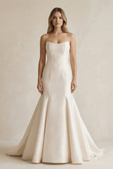 Simpled Strapless Mermaid Satin Wedding Dress in Ivory - KISS BRIDAL Wedding Dresses
