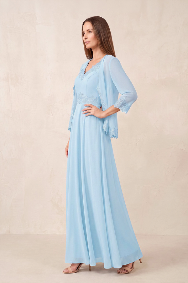 Sky Blue A-Line 2-Piece Embroidered Chiffon Mother of the Bride Dress (2) | KISSBRIDAL