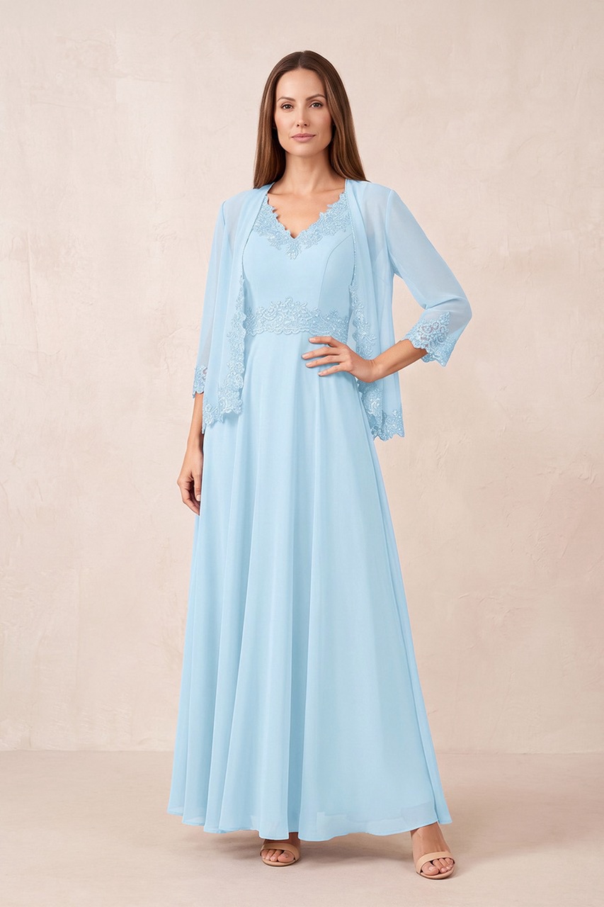 Sky Blue A-Line 2-Piece Embroidered Chiffon Mother of the Bride Dress