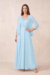 Sky Blue A-Line 2-Piece Embroidered Chiffon Mother of the Bride Dress | KISSBRIDAL