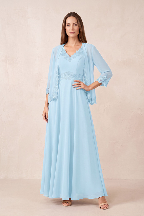Sky Blue A-Line 2-Piece Embroidered Chiffon Mother of the Bride Dress | KISSBRIDAL