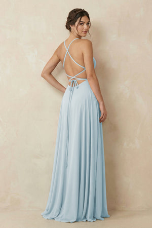 Sky Blue A-Line Chiffon Bridesmaid Dress With Slit (2) | KISSBRIDAL