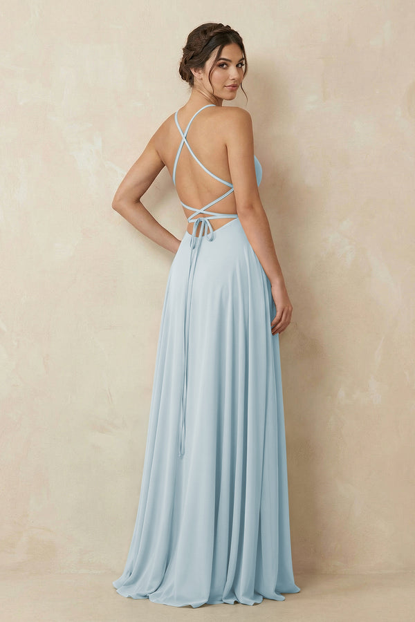 Sky Blue A-Line Chiffon Bridesmaid Dress With Slit (2) | KISSBRIDAL