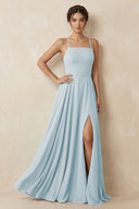 Sky Blue A-Line Chiffon Bridesmaid Dress With Slit | KISSBRIDAL