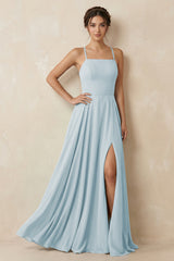 Sky Blue A-Line Chiffon Bridesmaid Dress With Slit | KISSBRIDAL