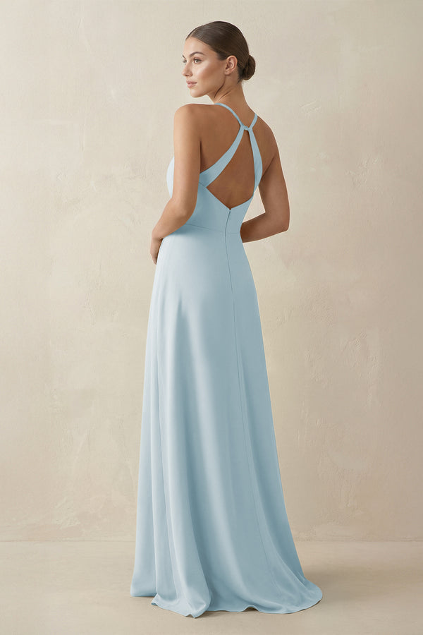 Sky Blue A-Line Chiffon Long Bridesmaid Dress With Slit (2) | KISSBRIDAL