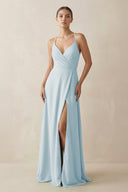 Sky Blue A-Line Chiffon Long Bridesmaid Dress With Slit | KISSBRIDAL