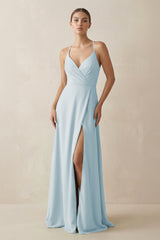 Sky Blue A-Line Chiffon Long Bridesmaid Dress With Slit | KISSBRIDAL