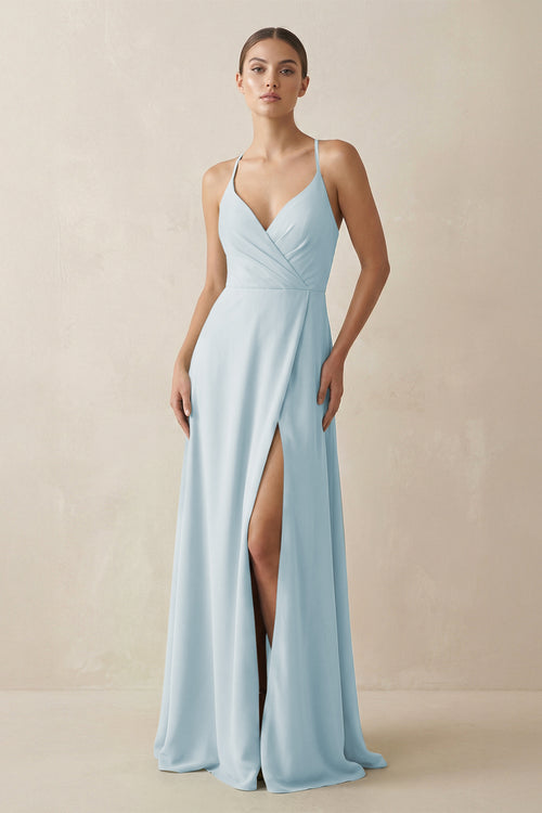 Sky Blue A-Line Chiffon Long Bridesmaid Dress With Slit | KISSBRIDAL