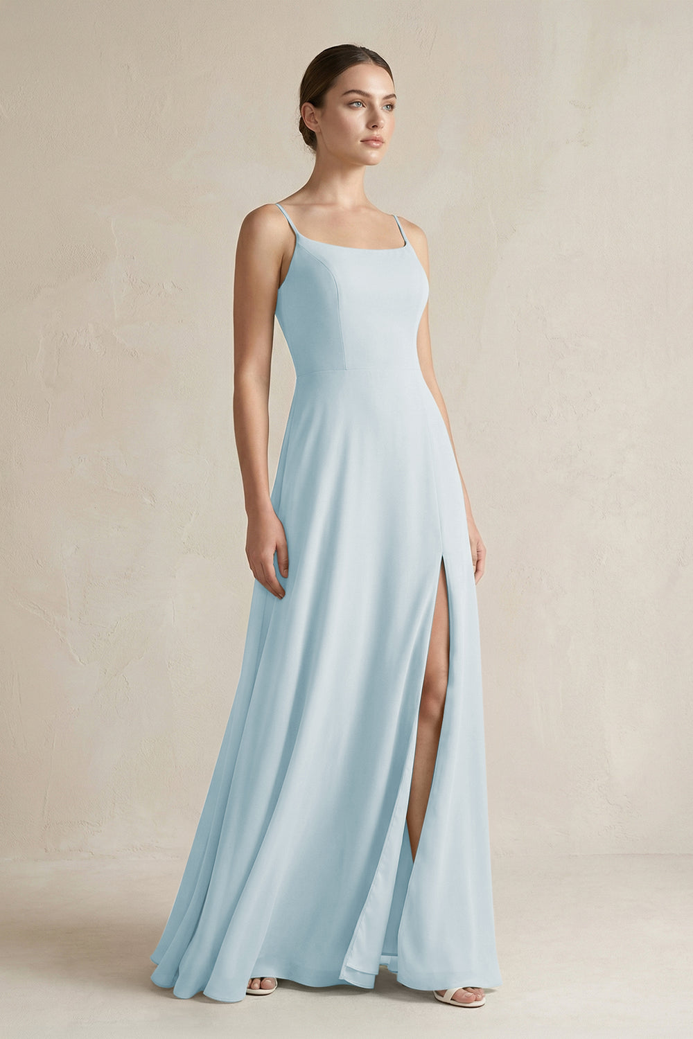 A-Line Chiffon Spaghetti Strap Bridesmaid Dress in Sky Blue
