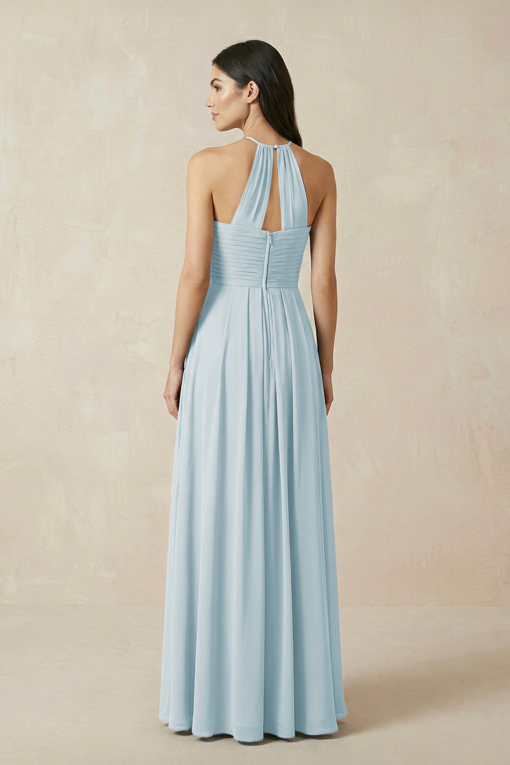 A-Line Halter Neck Pleated Chiffon Bridesmaid Dress in Sky Blue