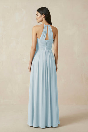 Sky Blue A-Line Halter Neck Pleated Chiffon Bridesmaid Dress (2) | KISSBRIDAL