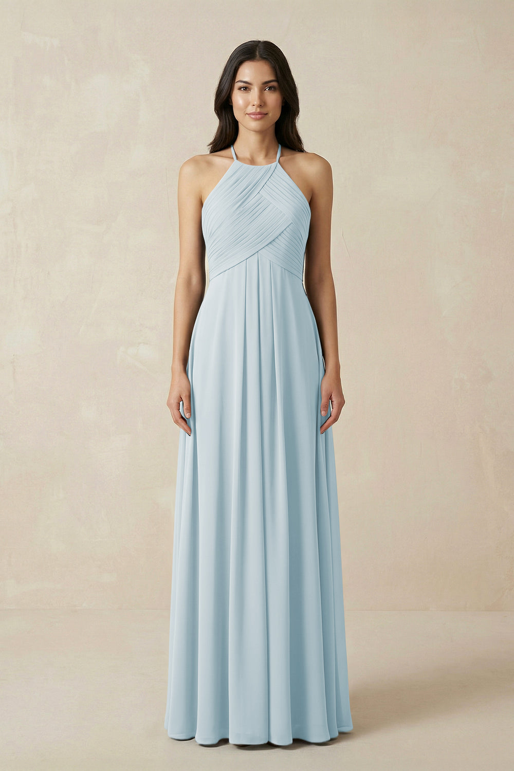 A-Line Halter Neck Pleated Chiffon Bridesmaid Dress in Sky Blue