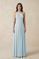 Sky Blue A-Line Halter Neck Pleated Chiffon Bridesmaid Dress | KISSBRIDAL