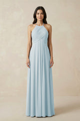 Sky Blue A-Line Halter Neck Pleated Chiffon Bridesmaid Dress | KISSBRIDAL