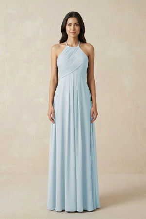 Sky Blue A-Line Halter Neck Pleated Chiffon Bridesmaid Dress | KISSBRIDAL