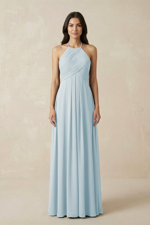 Sky Blue A-Line Halter Neck Pleated Chiffon Bridesmaid Dress | KISSBRIDAL