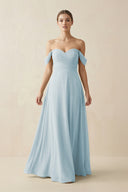 Sky Blue A-Line Off-the-Shoulder Chiffon Bridesmaid Dress | KISSBRIDAL