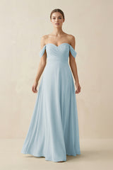Sky Blue A-Line Off-the-Shoulder Chiffon Bridesmaid Dress | KISSBRIDAL