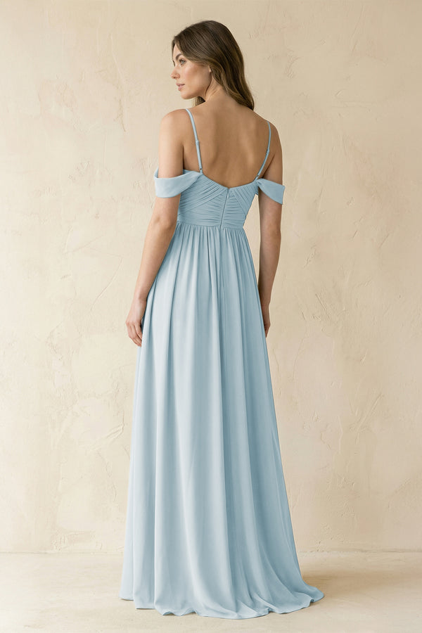 Sky Blue A-Line Off-the-Shoulder Pleated Chiffon Bridesmaid Dress (2) | KISSBRIDAL