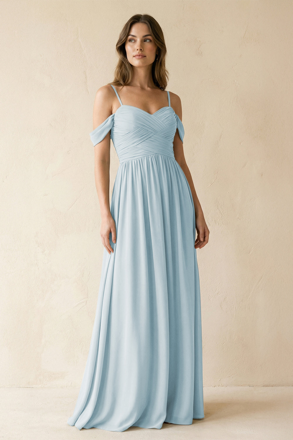 A-Line Off-the-Shoulder Pleated Chiffon Bridesmaid Dress in Sky Blue