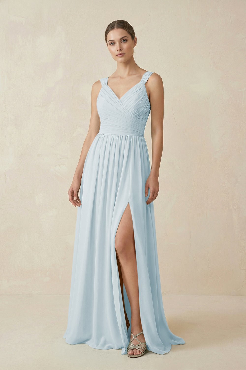 A-Line Pleated Chiffon Long Bridesmaid Dress in Sky Blue