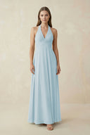 Sky Blue A-Line Pleated Chiffon V-Neck Bridesmaid Dress | KISSBRIDAL