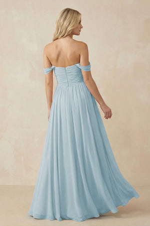 Sky Blue A-Line Pleated Long Chiffon Bridesmaid Dress (2) | KISSBRIDAL