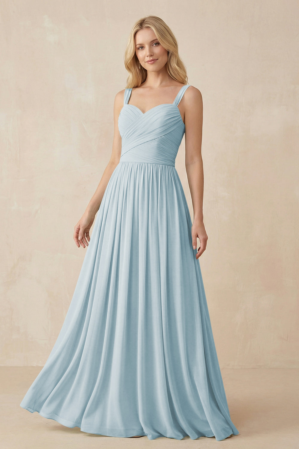A-Line Pleated Long Chiffon Bridesmaid Dress in Sky Blue