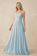 Sky Blue A-Line Pleated Long Chiffon Bridesmaid Dress | KISSBRIDAL