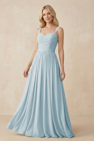 Sky Blue A-Line Pleated Long Chiffon Bridesmaid Dress | KISSBRIDAL