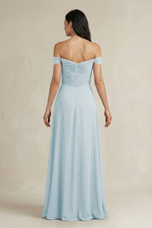 Sky Blue A-Line Pleated Off-the-Shoulder Chiffon Bridesmaid Dress (2) | KISSBRIDAL