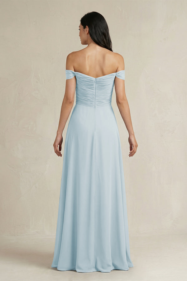Sky Blue A-Line Pleated Off-the-Shoulder Chiffon Bridesmaid Dress (2) | KISSBRIDAL