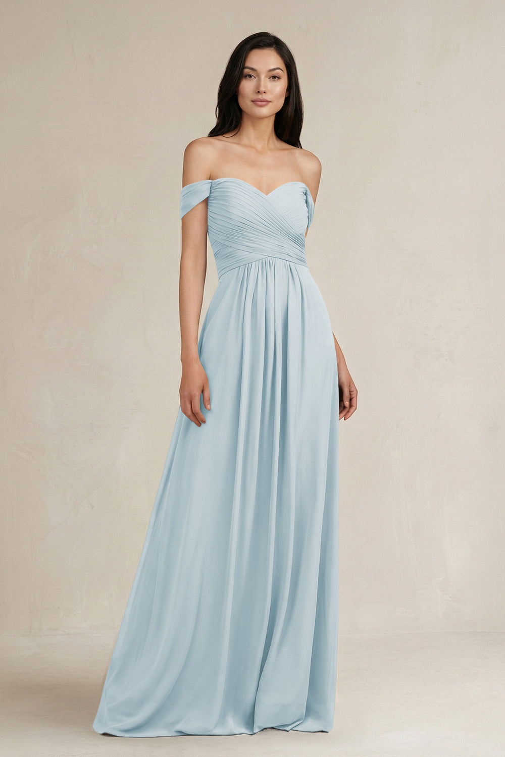 A-Line Pleated Off-the-Shoulder Chiffon Bridesmaid Dress in Sky Blue