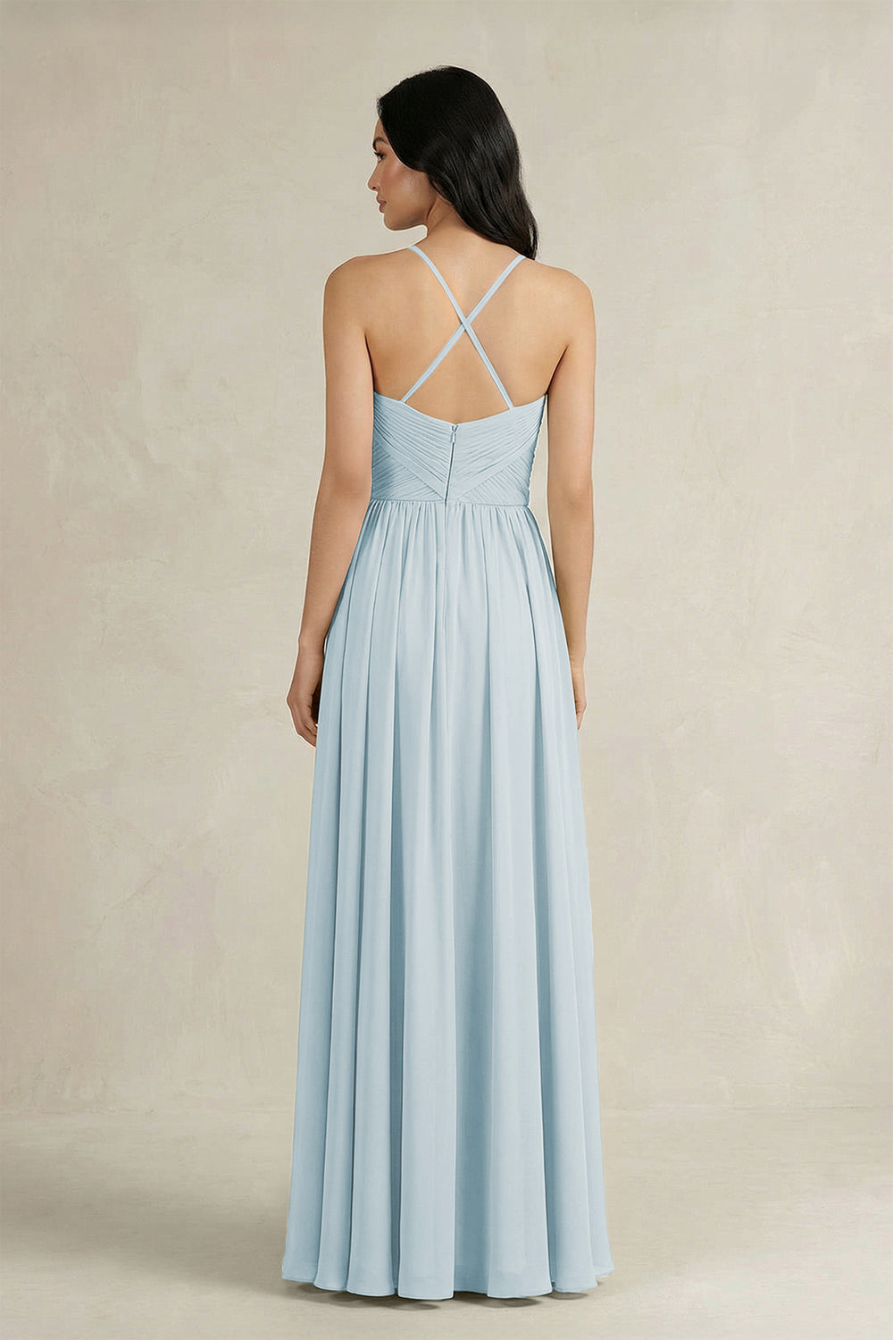 A-Line Pleated Spaghetti Strap Chiffon Bridesmaid Dress in Sky Blue