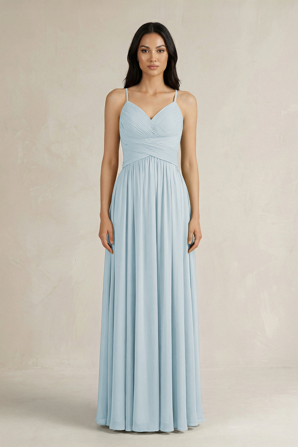 A-Line Pleated Spaghetti Strap Chiffon Bridesmaid Dress in Sky Blue